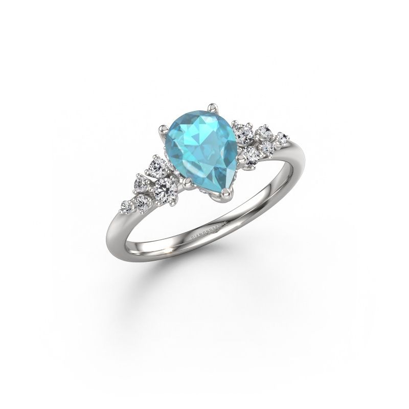 Bague de fiançailles Emma PER 585 or blanc topaze bleue 8x6 mm