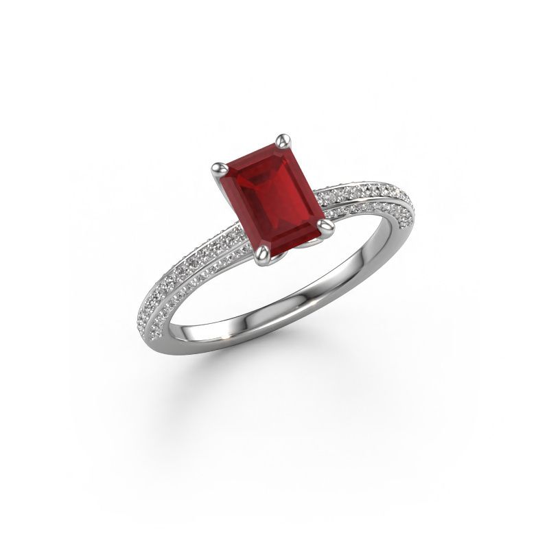 Verlovingsring Elenore eme 950 platina robijn 7x5 mm