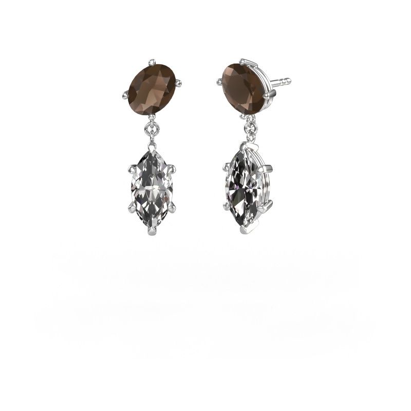 Pendants d'oreilles Toi et Moi OVL-MRQ 585 or blanc quartz fumé 8x6 mm
