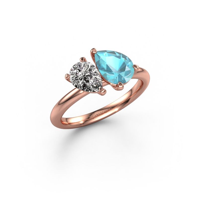 Verlovingsring Toi et Moi PER-PER 585 rosé goud blauw topaas 8x6 mm