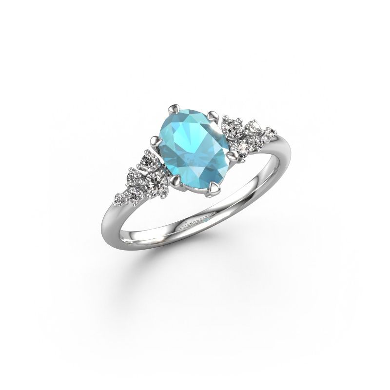 Verlovingsring Royce OVL 585 witgoud blauw topaas 8x6 mm