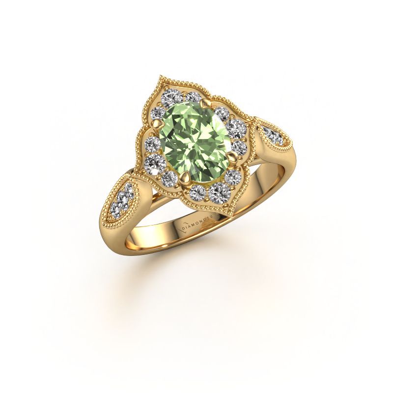 Engagement ring Rosan 585 gold green lab grown diamond 8x6 mm