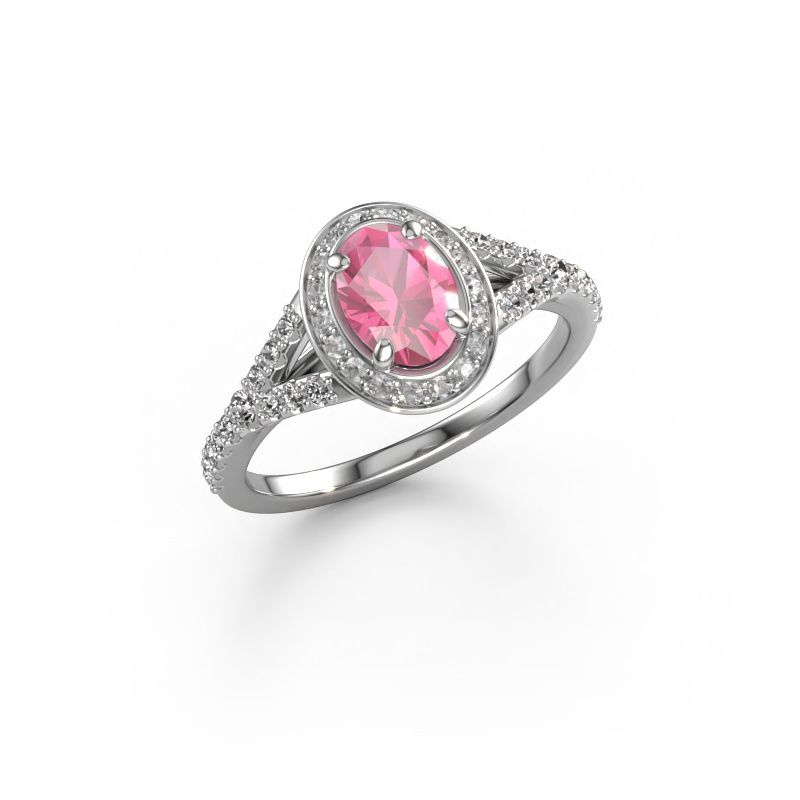 Belofte ring Pamela OVL 585 witgoud roze saffier 7x5 mm