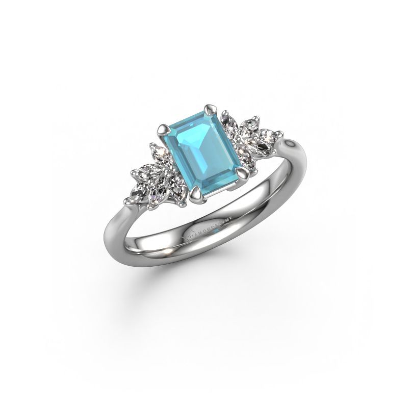 Bague de fiançailles Fiona EME 585 or blanc topaze bleue 7x5 mm