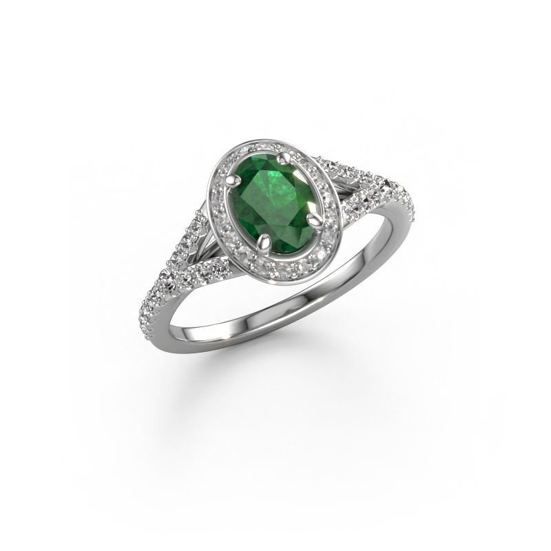 Belofte ring Pamela OVL 585 witgoud smaragd 7x5 mm