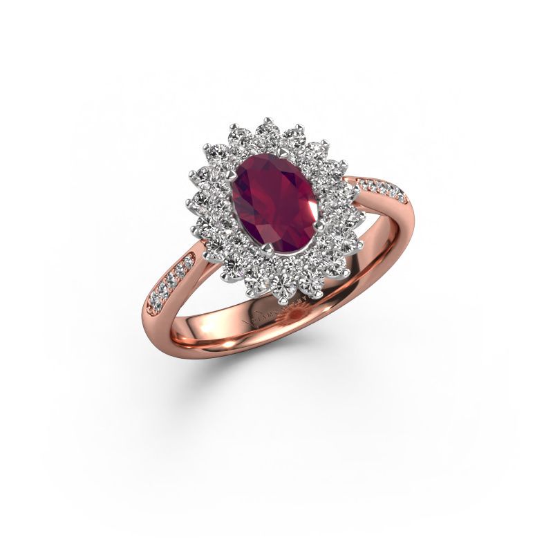 Aanzoeksring Alina 2 585 rosé goud rhodoliet 7x5 mm