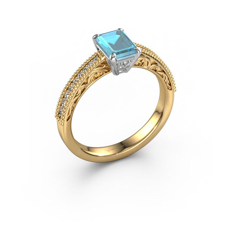Verlovingsring Shonta EME 585 goud blauw topaas 7x5 mm
