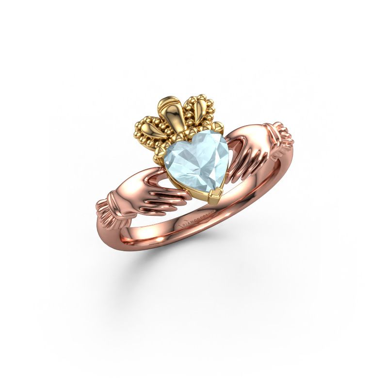 Ring Claddagh 2 585 rosé goud aquamarijn 6 mm