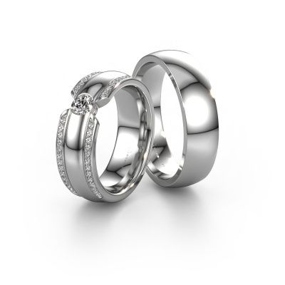 Trouwringen set WHR0575LM ±7x2.4 mm 14 Carat witgoud diamant 0.25 crt
