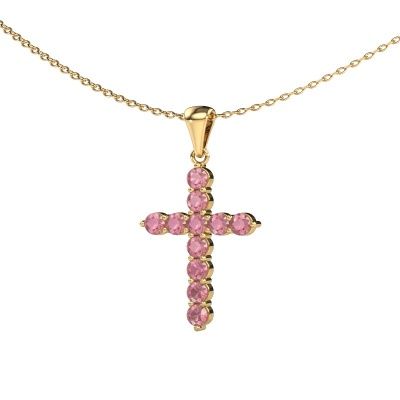 Pendant Cross 585 gold tourmaline pink 2.5 mm