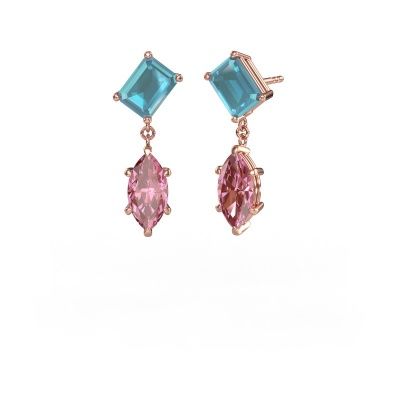Pendants d'oreilles Toi et Moi EME MRQ 585 or rose topaze bleue 8x6 mm