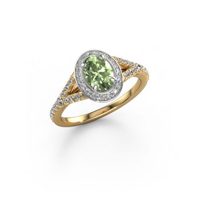 Engagement ring Pamela OVL 585 gold green lab grown diamond 7x5 mm
