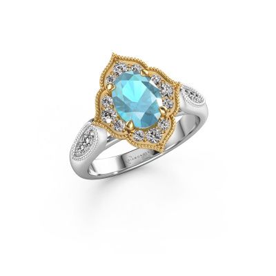 Bague de fiançailles Rosan 585 or blanc topaze bleue 8x6 mm