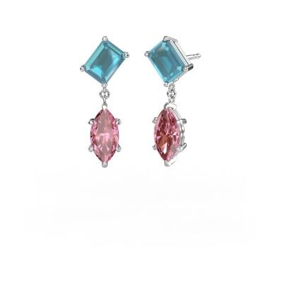 Pendants d'oreilles Toi et Moi EME MRQ 585 or blanc topaze bleue 8x6 mm