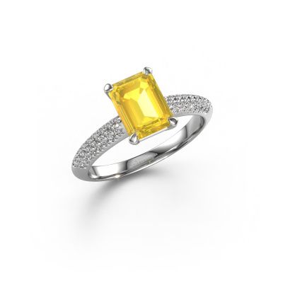 Bague de fiançailles Morane EME 585 or blanc saphir jaune 8x6 mm