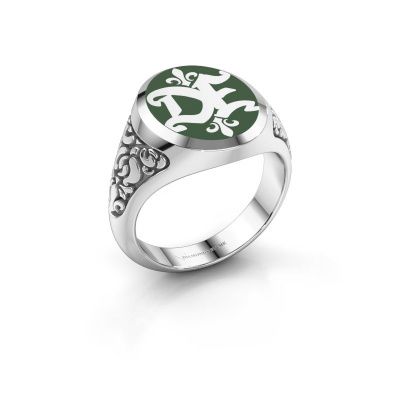 Monogram ring Brian Emaille 585 witgoud groene emaille