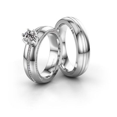 Wedding rings set WH0416LM25EP ±5x2.6 mm 14 Carat white gold diamond 0.50 crt