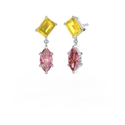 Pendants d'oreilles Toi et Moi EME MRQ 585 or blanc saphir jaune 8x6 mm