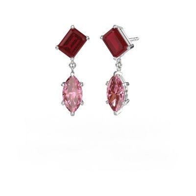 Pendants d'oreilles Toi et Moi EME MRQ 585 or blanc rubis 8x6 mm