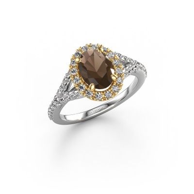 Bague de fiançailles Kimber OVL 585 or blanc quartz fumé 8x6 mm