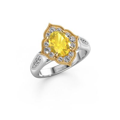 Bague de fiançailles Rosan 585 or blanc saphir jaune 8x6 mm