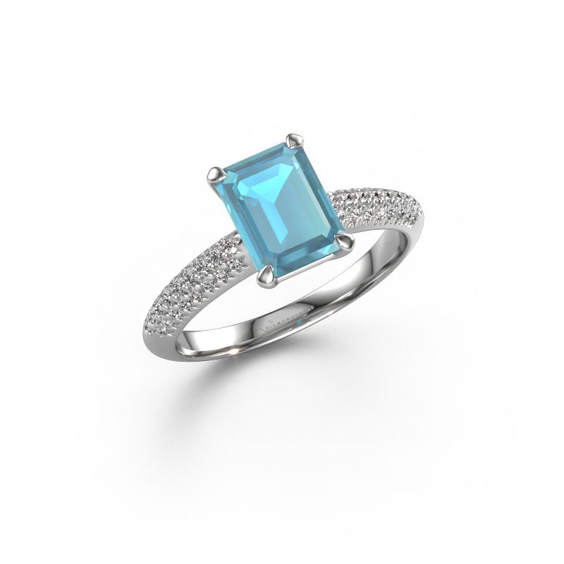 Bague de fiançailles Morane EME 585 or blanc topaze bleue 8x6 mm