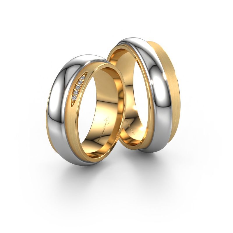 Trauringe set WH2038LM17DM ±7x2.4 mm 14 Karat Gold Diamant 0.005 crt