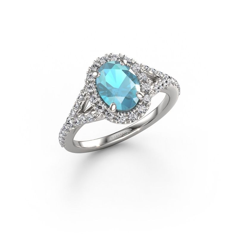 Bague de fiançailles Kimber OVL 585 or blanc topaze bleue 8x6 mm