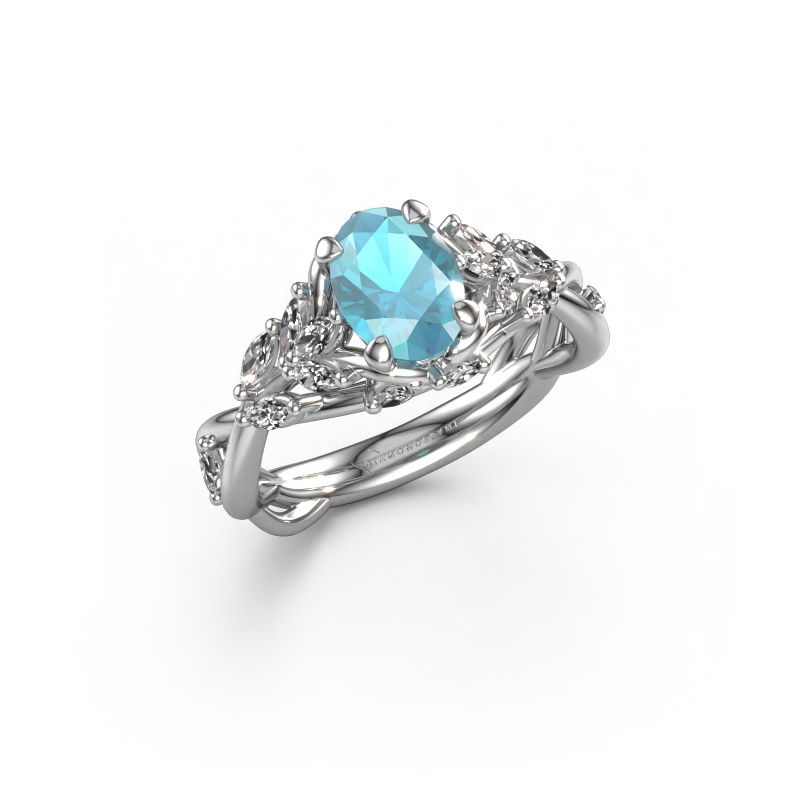Bague de fiançailles Samantha OVL 585 or blanc topaze bleue 7,5x5,5 mm