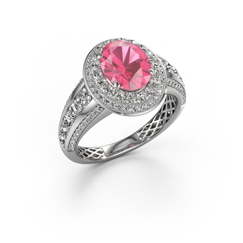 Verlovingsring Nancie 585 witgoud roze saffier 9x7 mm