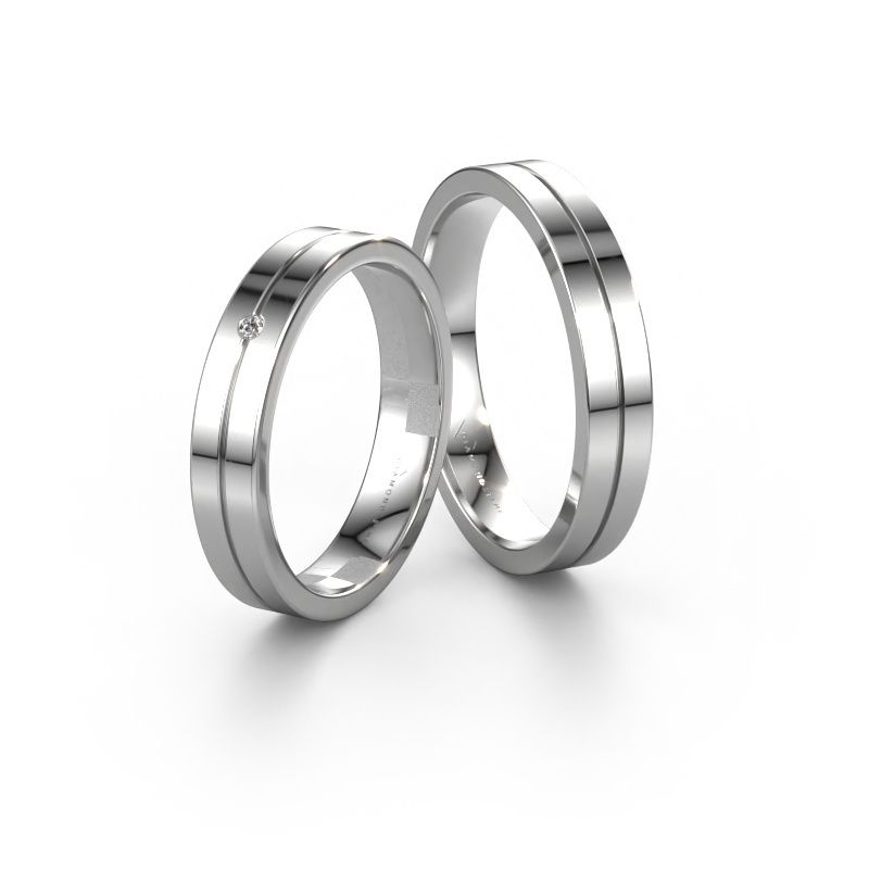 Trouwringen set WH0201LM14AP ±4x1.7 mm 14 Carat witgoud diamant 0.012 crt