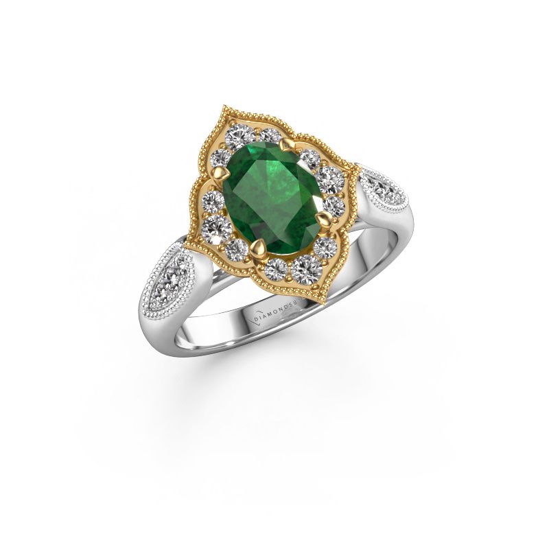 Verlovingsring Rosan 585 witgoud smaragd 8x6 mm