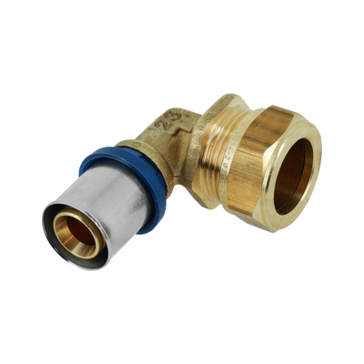 Foto van BONFIX Alu-pers - messing perskoppeling verloop naar knelfitting - bocht verlopend 20 x 22mm