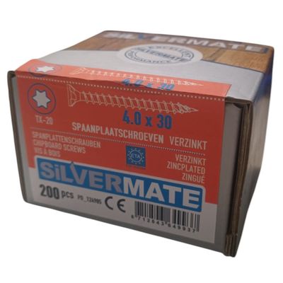 Foto van Silvermate spaanplaatschroeven 4.0 x 30 voldraad verzinkt - 200 stuks