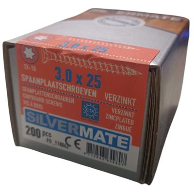 Foto van Silvermate spaanplaatschroeven 3.0 x 25 voldraad verzinkt - 200 stuks