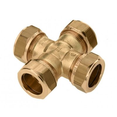 Photo of BONFIX brass compression fitting cross 22mm FFFF
