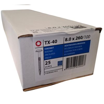 Construction screws wafer head 8.0 x 260 - 25 pcs