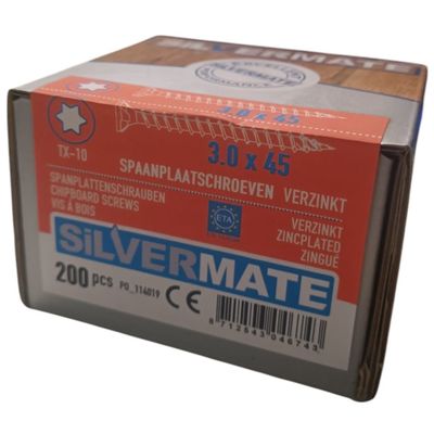 Silvermate spaanplaatschroeven 3.0 x 45 voldraad verzinkt - 200 stuks Foto van Silvermate spaanplaatschroeven 3.0 x 45 voldraad verzinkt - 200 stuks