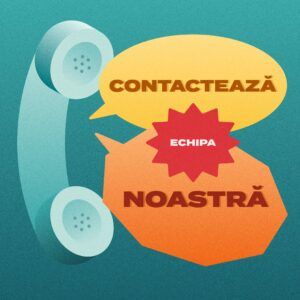 Ilustrație a unui telefon cu baloane de dialog care conțin textul 'Contactează echipa noastră'.