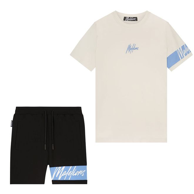 Afbeelding van Malelions Men Captain T-Shirt + Short Set Off-White Vista Blue