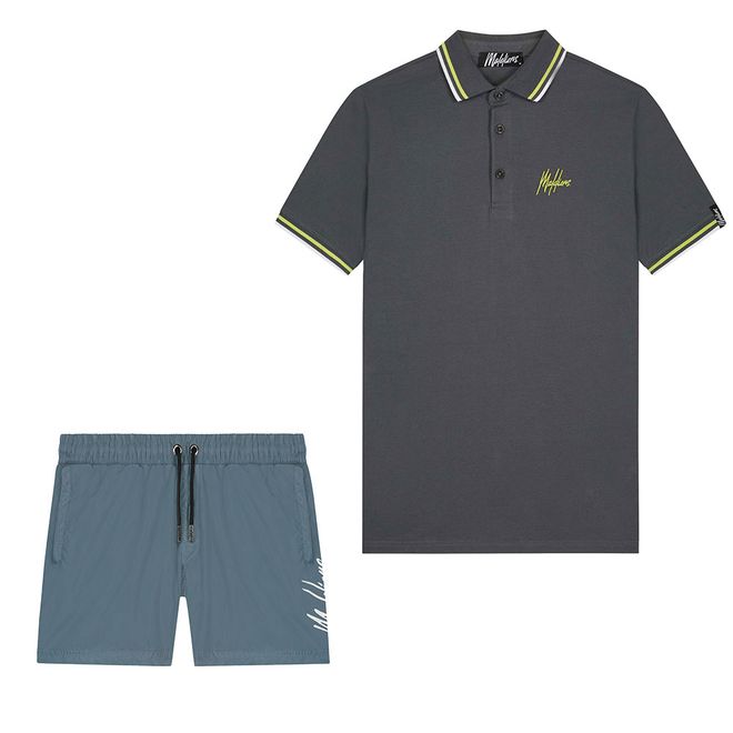 Afbeelding van Malelions Men Signature Polo Set Dark Slate Lime Vista Blue