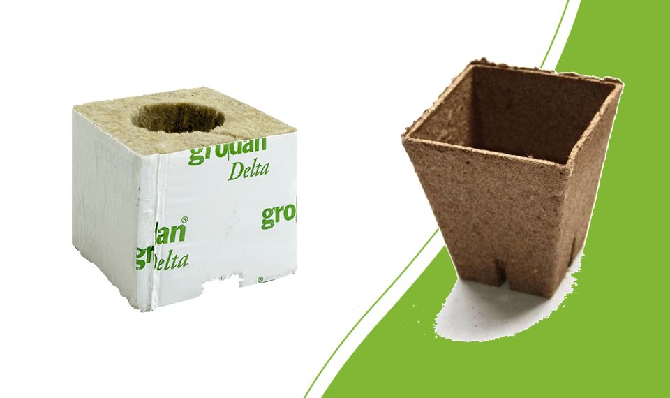 Grodan starter block next to a Jiffy peat pot