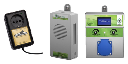 Product selection for CO2 meters: Dimlux, CO2 sensor 10m; Techgrow losse CO2 sensor, S-2; Techgrow micro CO2 controller (excl. sensor)