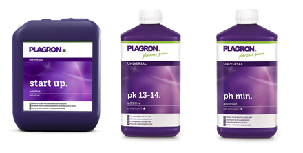 Product selection for Plagron nutrients: Plagron | Start up | Wortelstimulant | 5 ltr; Plagron | PK 13/14 | Plant Booster | 1 ltr; Plagron PH min (59%) 1 ltr