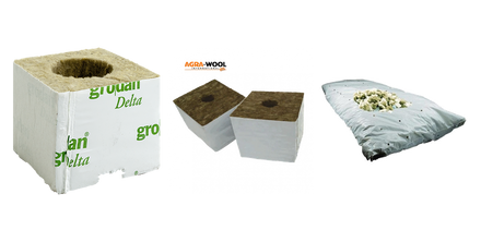 Product selection for Rockwool growing media: Grodan | Startblok Groot Gat | 38mm gat | 7,5x7,5x6,5cm | per stuk; Agra Wool | Startblokken | 28mm Gat | 224stuks | 7,5x7,5x6,5cm; Agra-Wool RFX-1, 240 liter mapito per doos (3 zakken a 80 ltr)