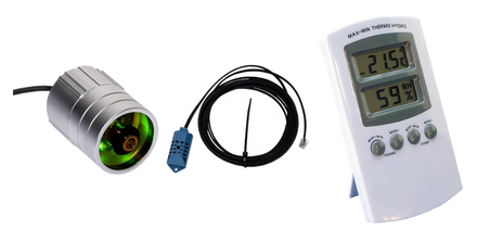 Product selection for Thermo-hygrometers: Dimlux | Plant Temperatuur Camera | Analoog | 10m kabel; Dimlux | RH-sensor | 10m | Luchtvochtigheidssensor; Thermo- Hygrometer digitaal