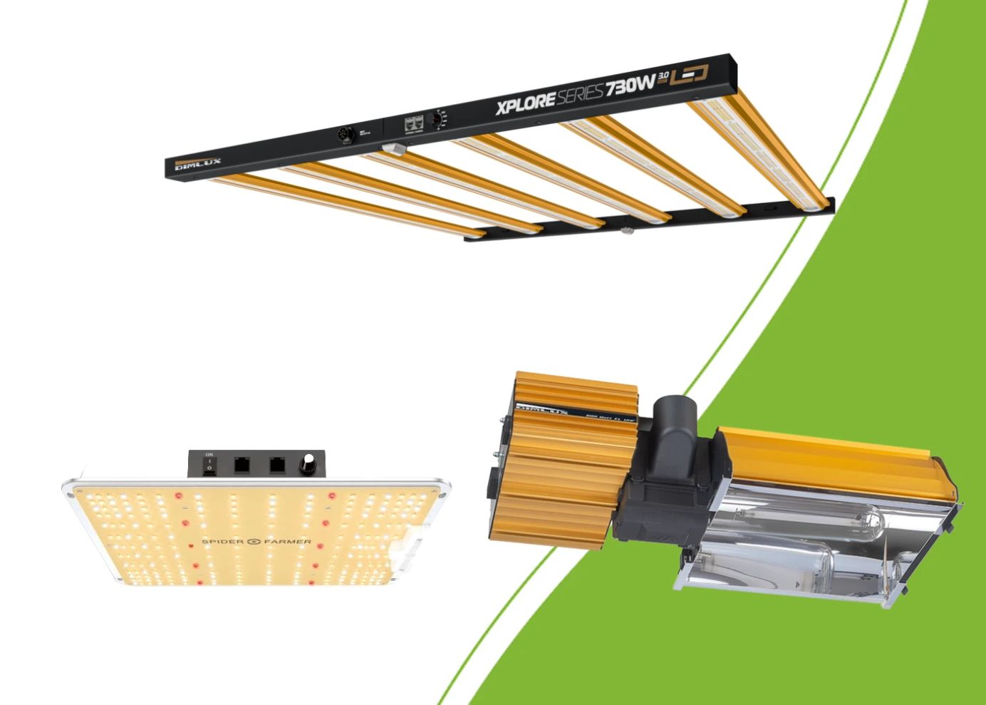 DimLux LED, Spider Farmer SF-1000 and a DimLux HPS fixture