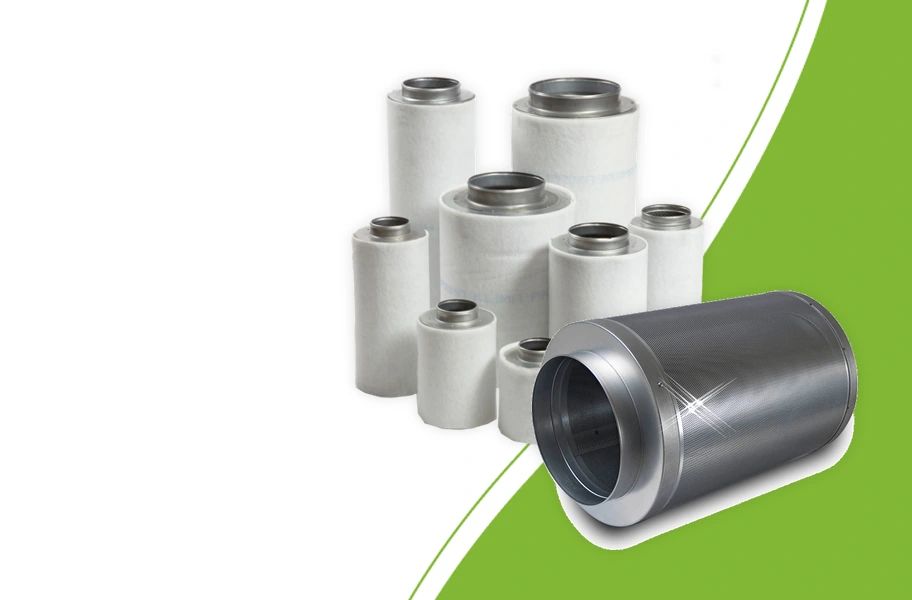 Wilco carbon filters with white prefilter sleeves and a metal Wilco Inline filter