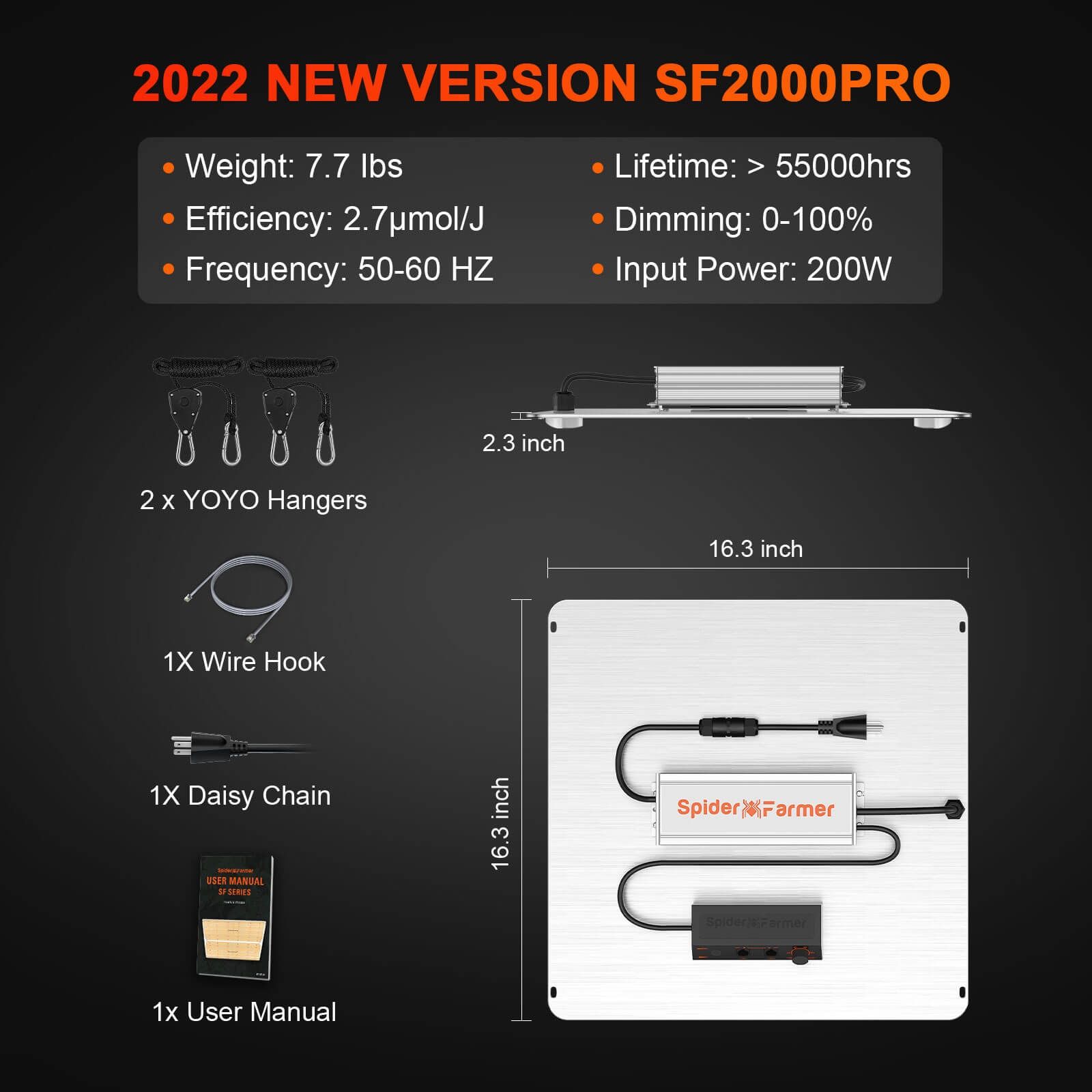Spider Farmer SF-2000PRO, 200W LED Kweeklamp