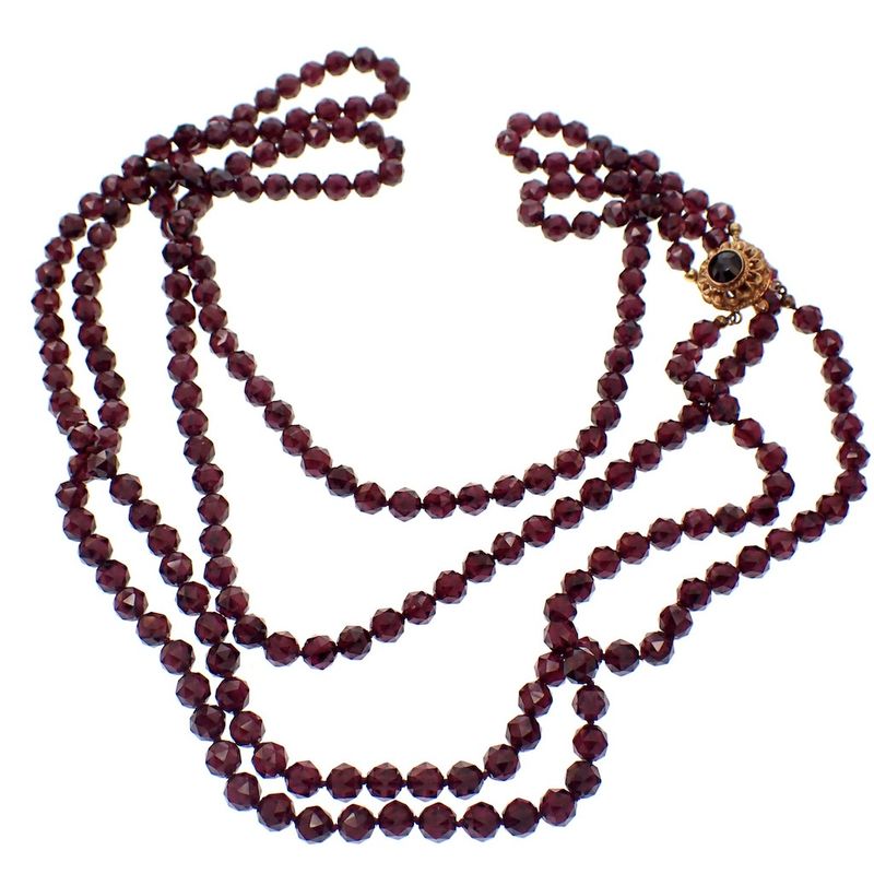 Image 5 of Long garnet bead necklace with a gold clasp; Antique | 77 cm